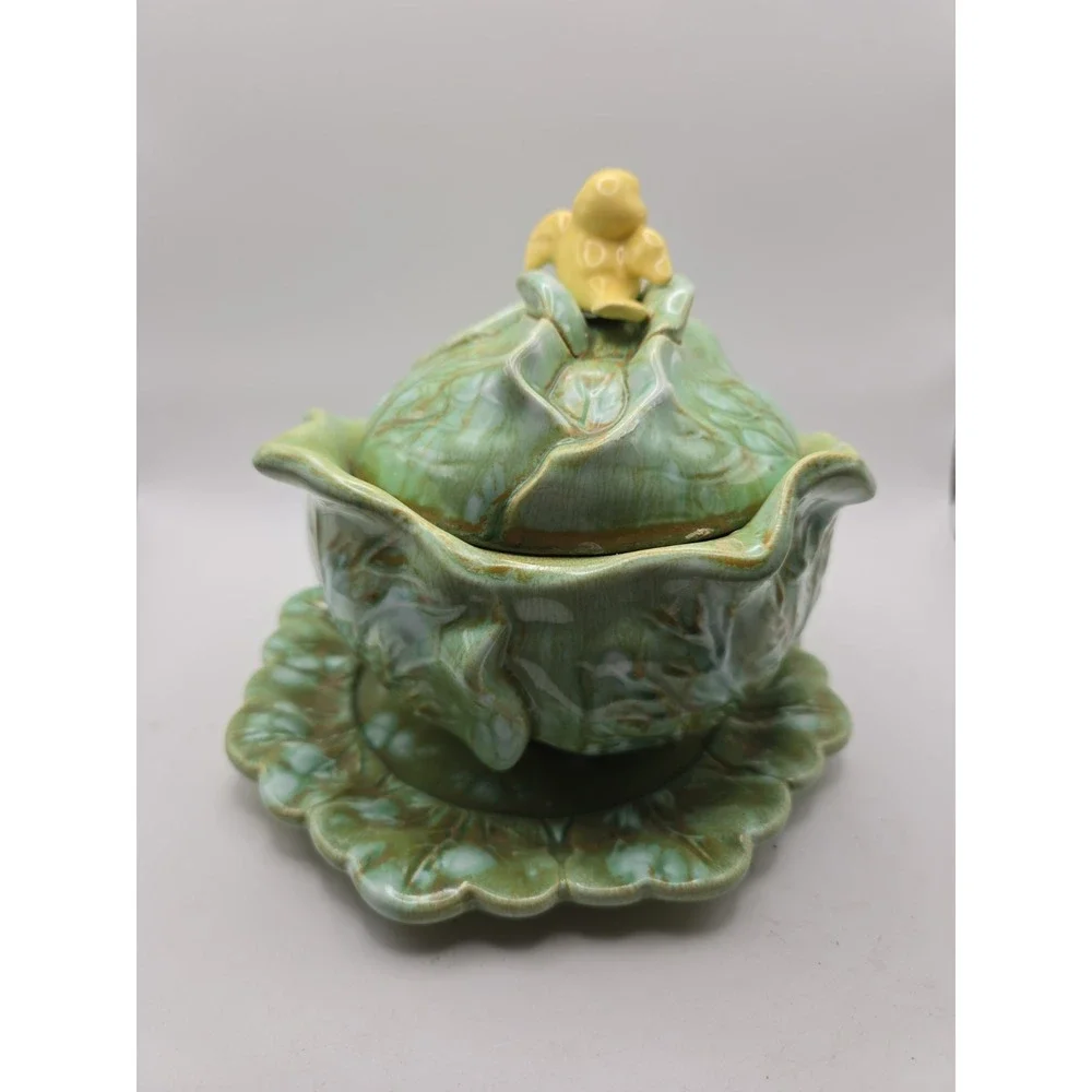 Holland Mold Green Lettuce Cabbage Shaped Bowl w/ Lid & Underplate 1970